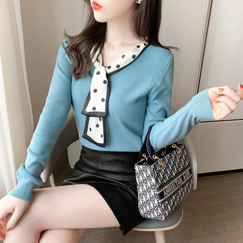 

Korean Sweater Women Knitted White s for Dot Bow Woman Knit Pullovers Elegant V Neck Basic s 210604