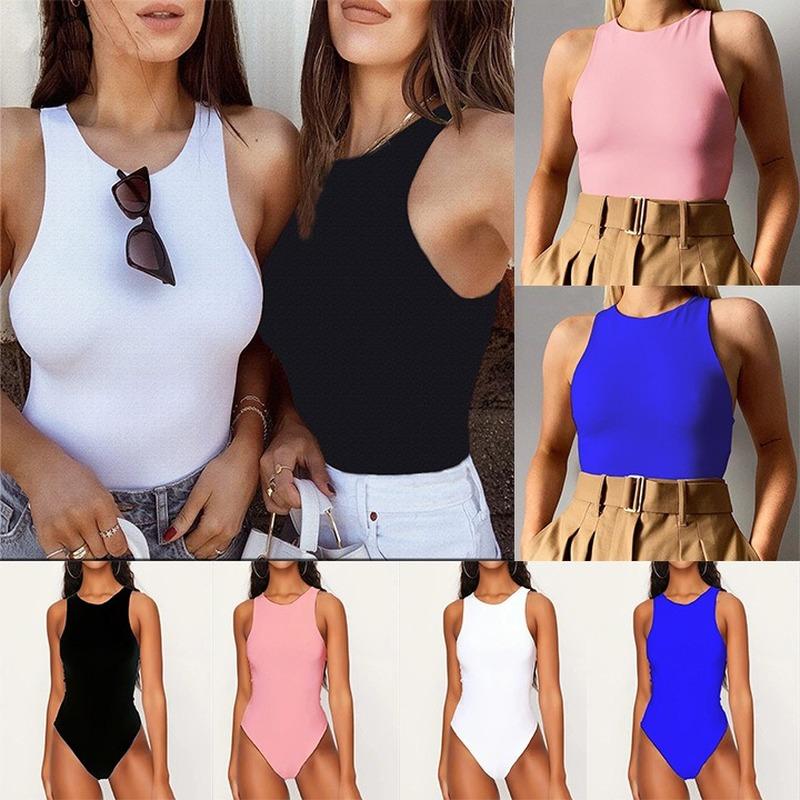 

Running Jerseys 2021 Women Sexy Sleeveless Solid Color Slim Bodysuits Female Chic O Neck Soft Blouse Office Wear Playsuits Yoga Tops, Black