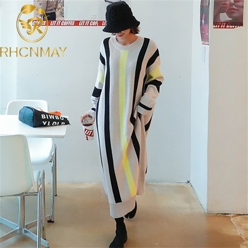 

Ladies Long Sleeve Loose Dress Korea Slim Lady Stripe Sweater Knitt es Autumn Winter Women 210520, Yellow