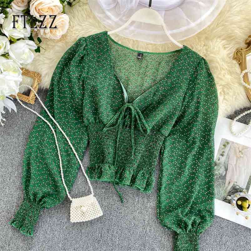 

Spring Summer Chiffon Blouse Top Vintage Floral Print Beach Puff Sleeved Slim Bandage Blouses Sexy V-neck Bluse Mujer 210602