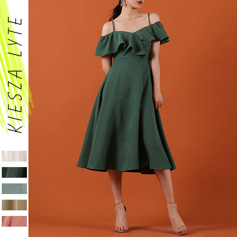

Women Party Dress Sexy Elegant Solid Stylish Ruffle Bodycon Spaghetti Straps Midi Sundress Vestido 210608, Green