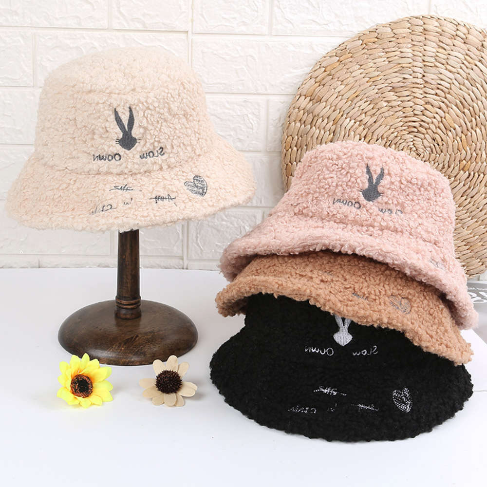 

Sun hat Korean Plush fisherman's autumn winter super fire Bunny embroidered versatile warm lamb cashmere basin hat, Blue;gray