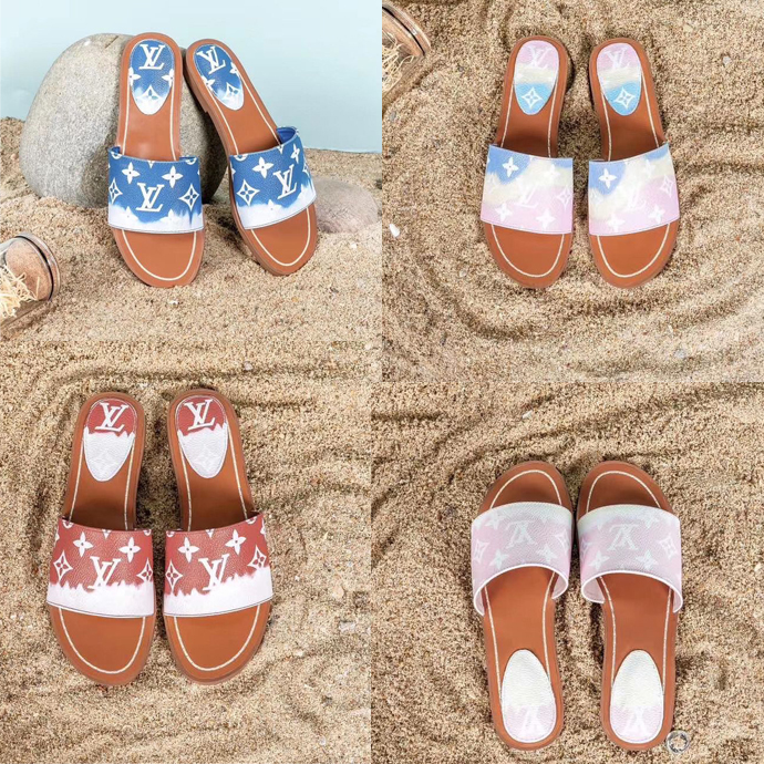 

Summer Women escale sandal Flat Mule Women Lock IT Slipper Monogram Canvas Sliders Blue Pantoufle Slides Chaussures Shoes with Box, Sock
