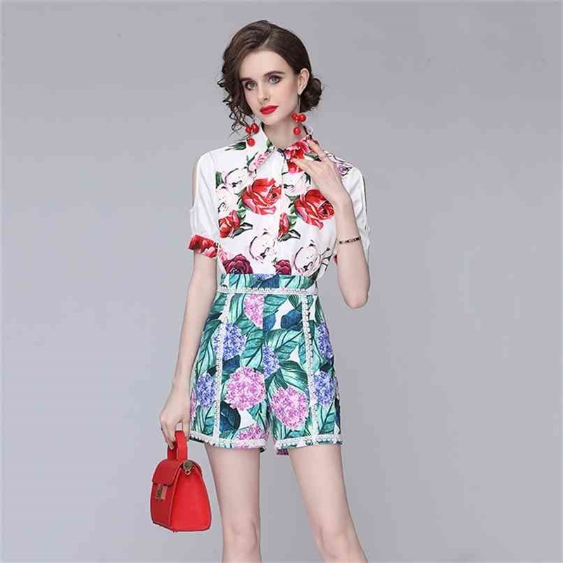 

Temperament Printted Two piece suit Summer Women's Rose print Off shoulder Shirt + Lace Trim Hydrangea Print Shorts 210602, Short sleeve
