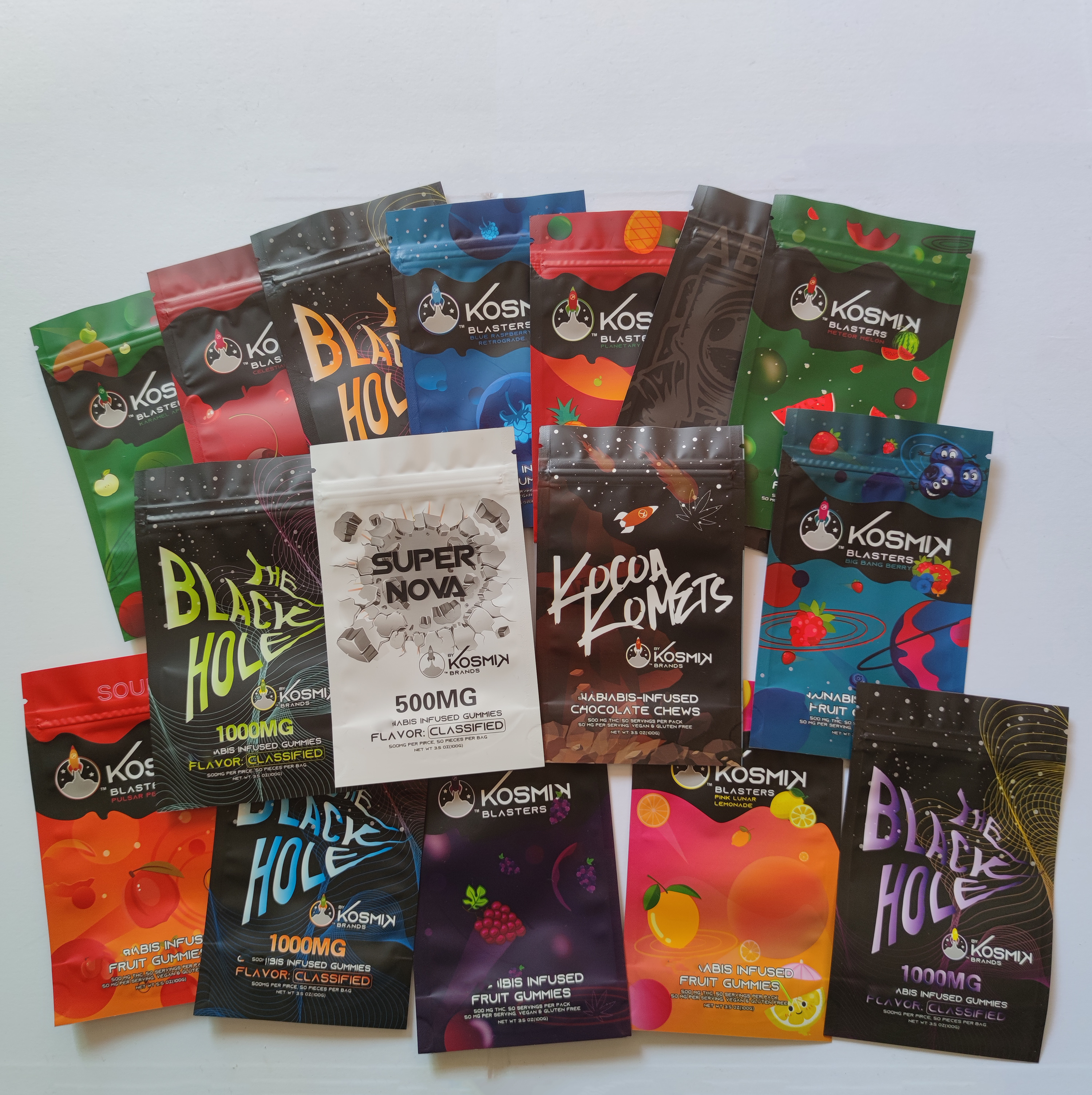 

Kosmik blasters sour fruit gummies packing bags 500mg 1000MG 50 servings per pack 50mg per 3.5oz resealable mylar Edibles Infused Gummy zipper package bag Newest