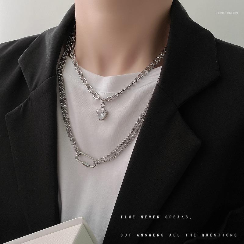 

Chains Layered Necklace Woman Rhinestone Necklaces Creative Pin Long Chain Pendant Jewelry Charms Silver Color Kpop Stainless Oorbellen