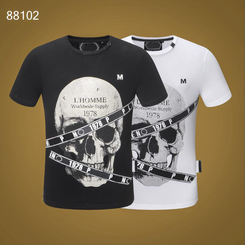 

PP Fashion Men's Designer slim fit T-shirt Summer rhinestone Short Sleeve Round Neck shirt tee Skulls Print Tops Streetwear collar Polos M-xxxL P88102, White