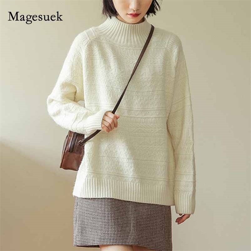

Chic Women Half High Collar Sweater Autumn Loose Vintage Pullover Long Sleeve Winter Clothes 10916 210518, White