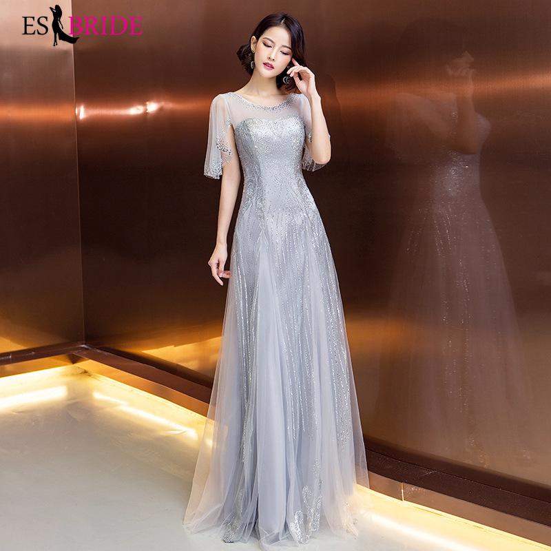 

Party Dresses Lace Evening Long 2021 Grey Simple Plus Size O-neck Short Sleeve Wedding Gown Backless Elegant Abito Da Cerimonia ES1419, Gray