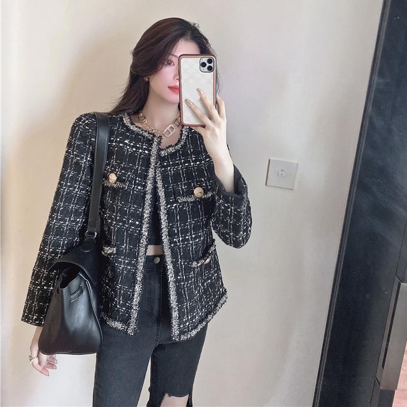 

Women's Jackets Autumn Winter O Neck Long Sleeve Plaid Woolen Coat Temperament Black Tweed Jacket Fashion Vintage Chic Wild Korean White Top
