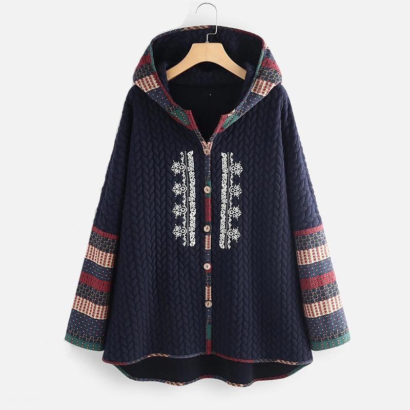 

Single Breasted Hooded Jacket Women Vintage Print Floral Embroidery Autumn Winter Outwear 5XL Plus Size Mid-Length Coat Women's Jackets, Winered