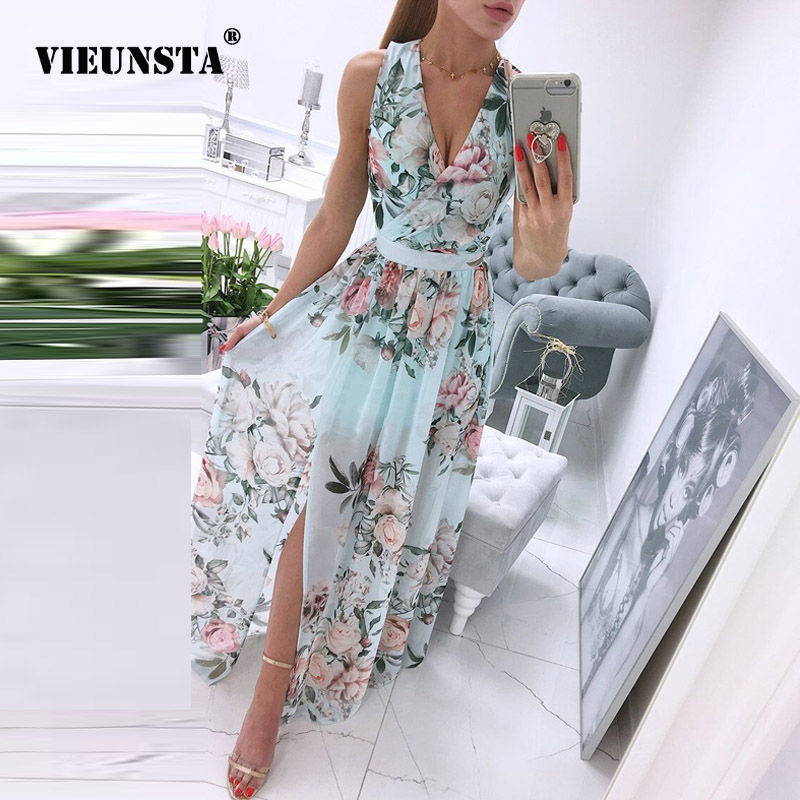 

Summer Deep V-Neck Sleeveless Beach Dress Elegant Women Chiffon Split Maxi Party Dress Vintage Floral Print Long Dresses Vestido, 01 white
