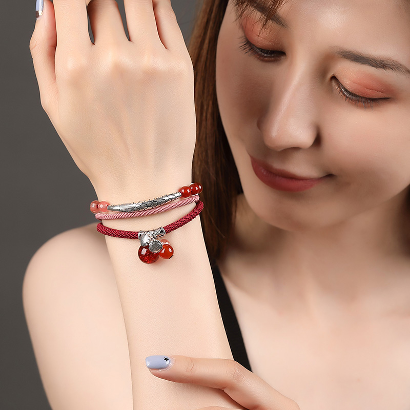 Xianlan021 Multi-Layer Winding Rope Web Celebrity Hand String Of Silver Fish Lotus Antique Bracelet National Wind Restoring Ancien-image-706264579