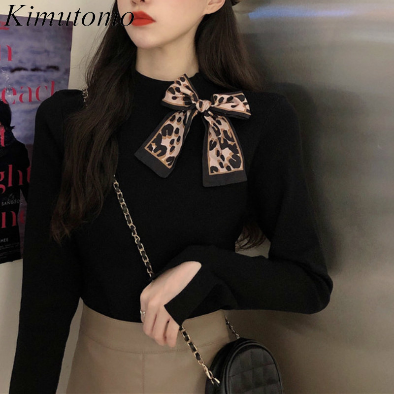 

Kimutomo Vintage Knitted Sweater Ladies Korea Chic Half Turtleneck Long Sleeve Tops Female Solid Bow Pullover Spring 210521, Khaki