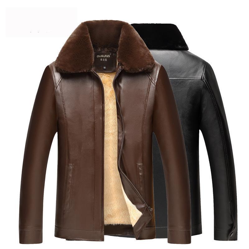 

Men's Fur & Faux Arrival Fashion Winter Hair Collar Zipper Men Leather Clothing Middle Aged And Elderly Casual Thick Plus Size MLXL2XL3XL4XL, Black