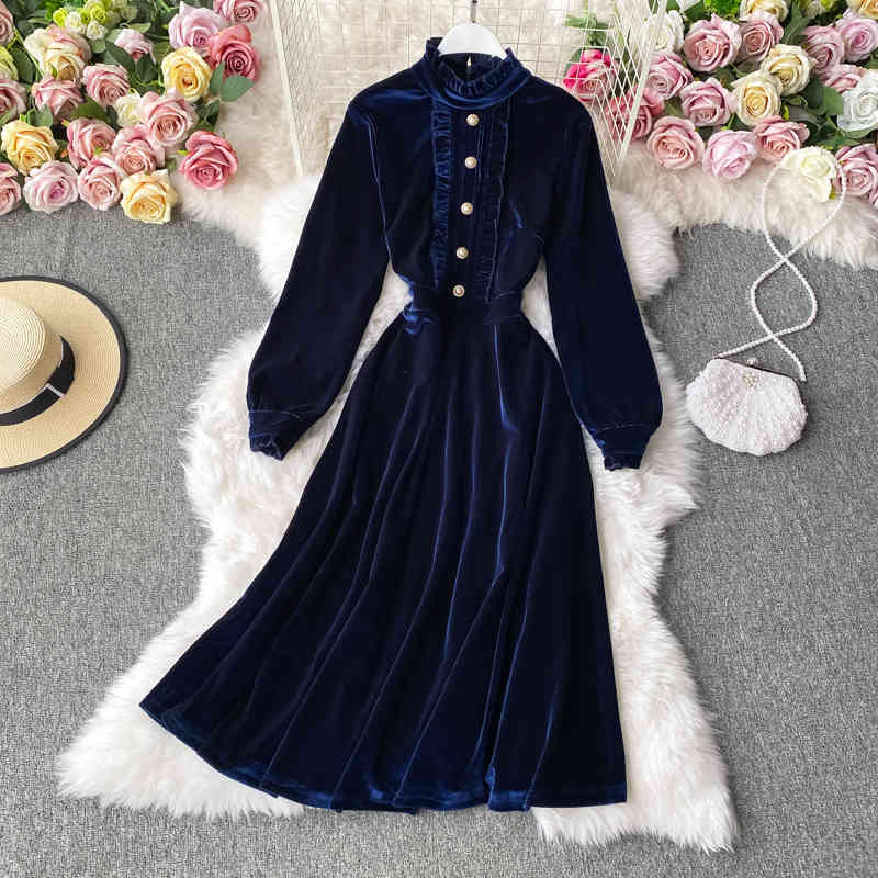 

High Quality Stand-up collar Velvet Dress Fall Winter Long-sleeved French Retro Single-breasted Ruffles Trim Party 210525, Burgundy