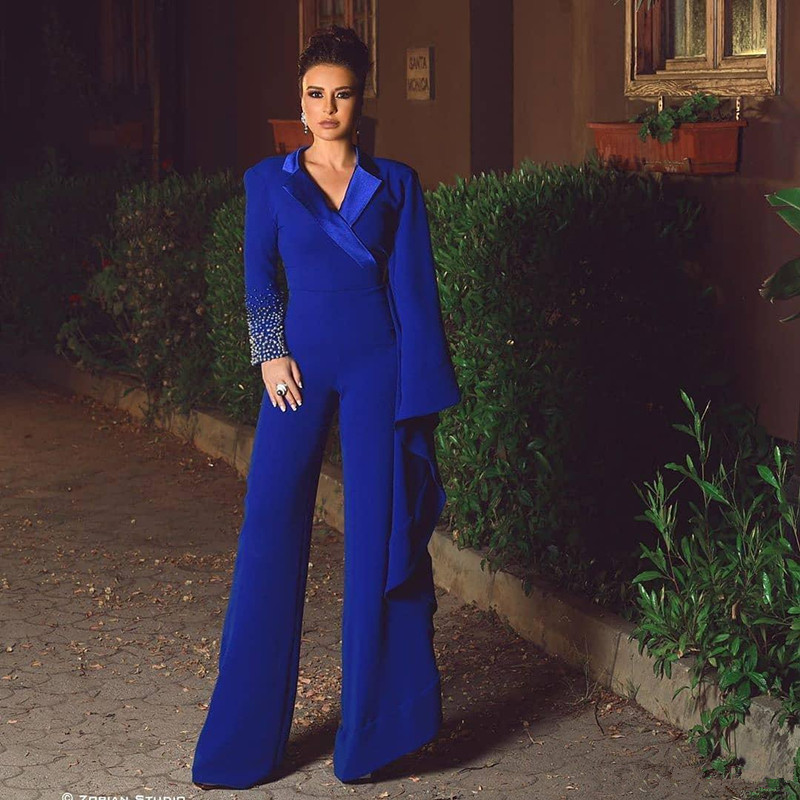 

Royal Blue Jumpsuit Evening Dresses Rhinestone Beads Prom Dress Long Sleeve Pants V Neck Special Occasion Party Gown Robe de mariée, Grape
