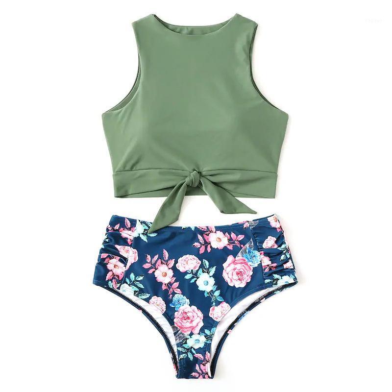 

Women' Swimwear High Quality Women Green Print Two-Piece Halter Tankini Collar Bikini Set Swimsuit Beachwear 2021 Mujer, Green white line