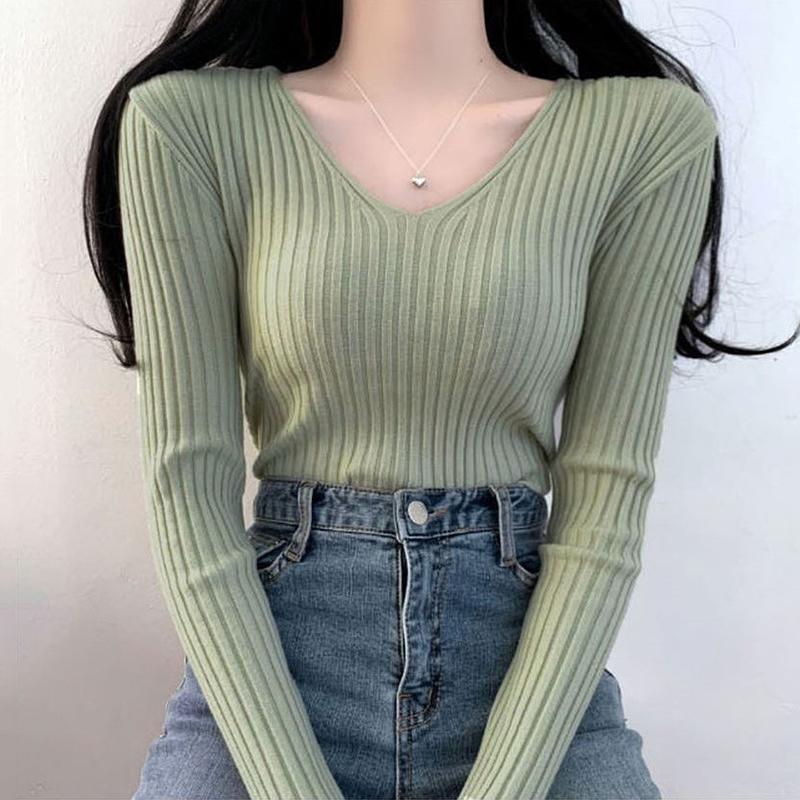 

Women's Sweaters Jumpers Pullovers Solid Autumn Simple Basic V Neck Long Sleeve Black Sweater Womem Thin Wild Bottom Knitted Shirt Top Pull, White;black
