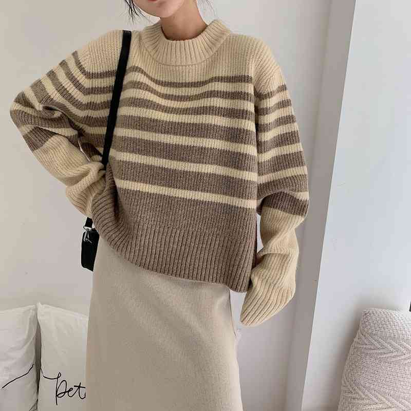 

Women's Sweaters Realeft contrast vintage female-style Korean woman's stripes long sleeve around the warm neck loosening casual ladies'women's pullovers C2OZ, 1# shoe box