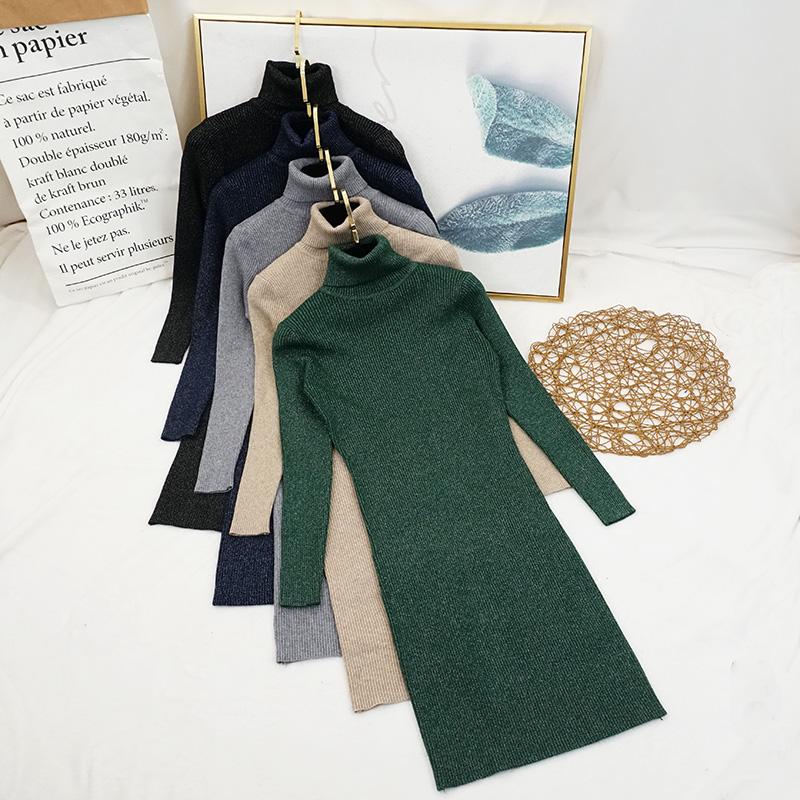 

Casual Dresses Autumn Winter Women Knitted Dress Bright Silk Turtleneck Sweater Lady Slim Bodycon Long Sleeve Knit Vestidos S2036, Gray