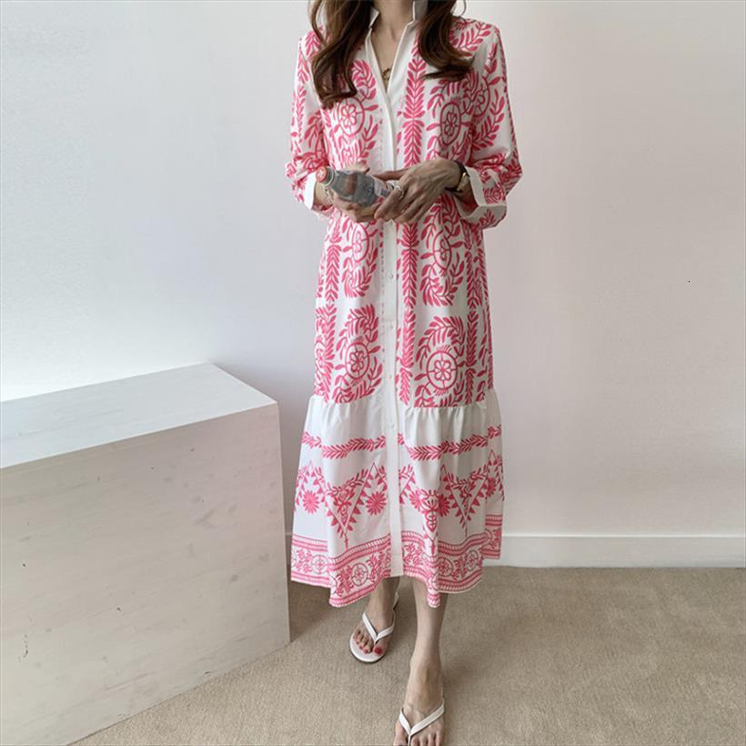 

[ewq] spring korean chic long women dresses casual stand collar panelled print robe dress single breasted loose straight blouse, Black;gray