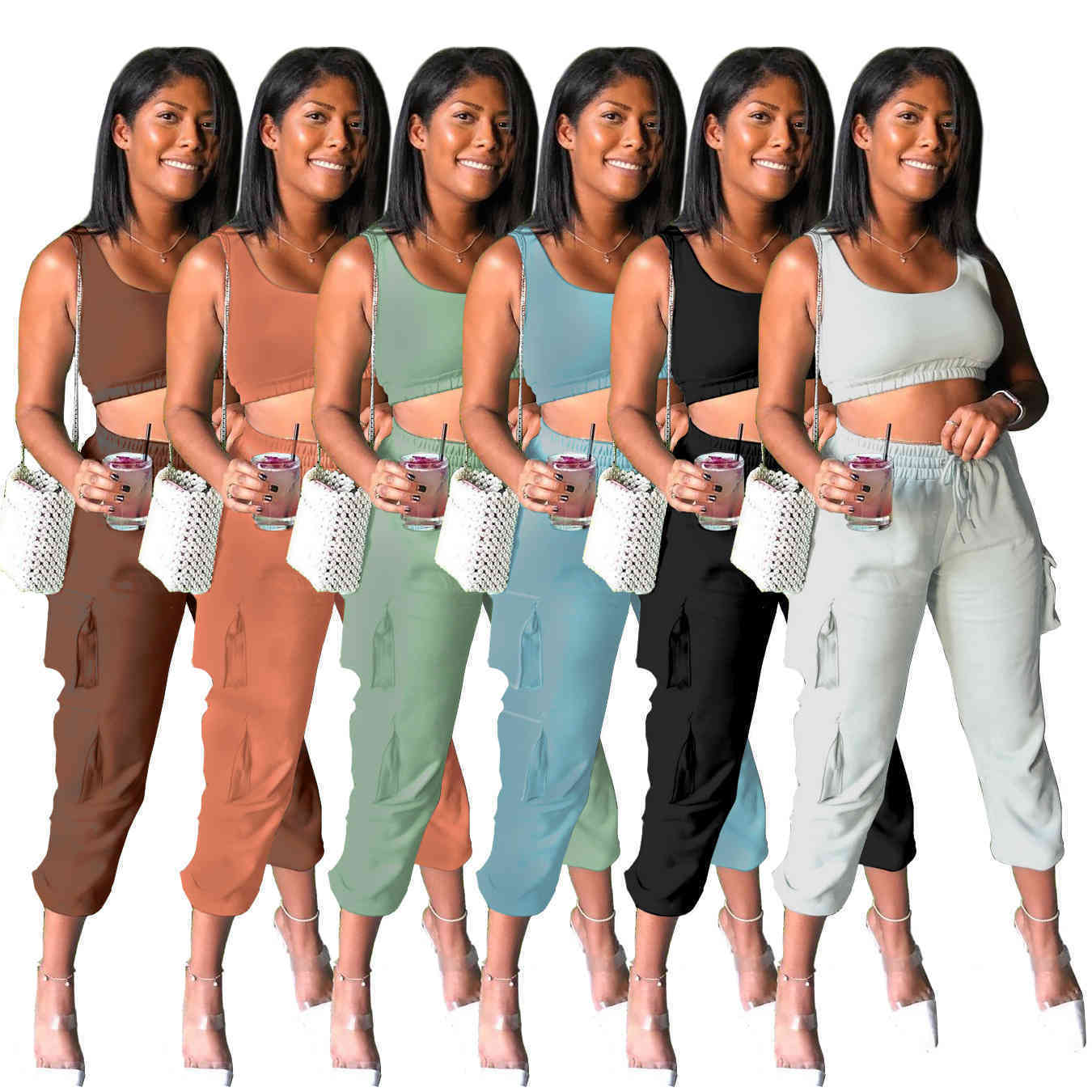 

Summer Women Tracksuits Designer Fashion U Neck Large Yoga Suit Pants Two Piece Sets Casual Solid Color Vest Pocket Trousers Slim Outfits A259, Brown