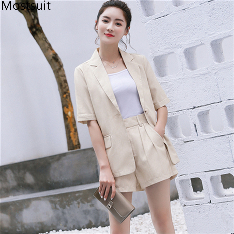 

Summer Korean Fashion 2 Piece Shorts Suits Sets Women Short Sleeve Blazer + Workwear Female 2 Pcs Femme 210518, Apricot