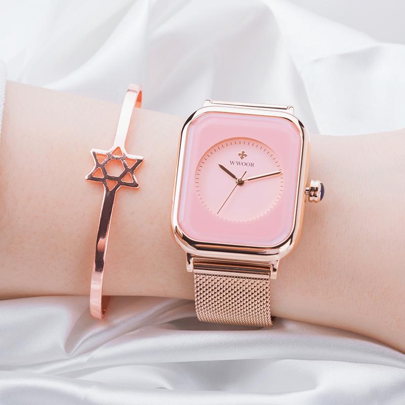 

Wristwatches Relogio Feminino 2021 WWOOR Womens Pink Watch Top Ladies Rose Gold Quartz Women Fashion Square Wrist Watches, White