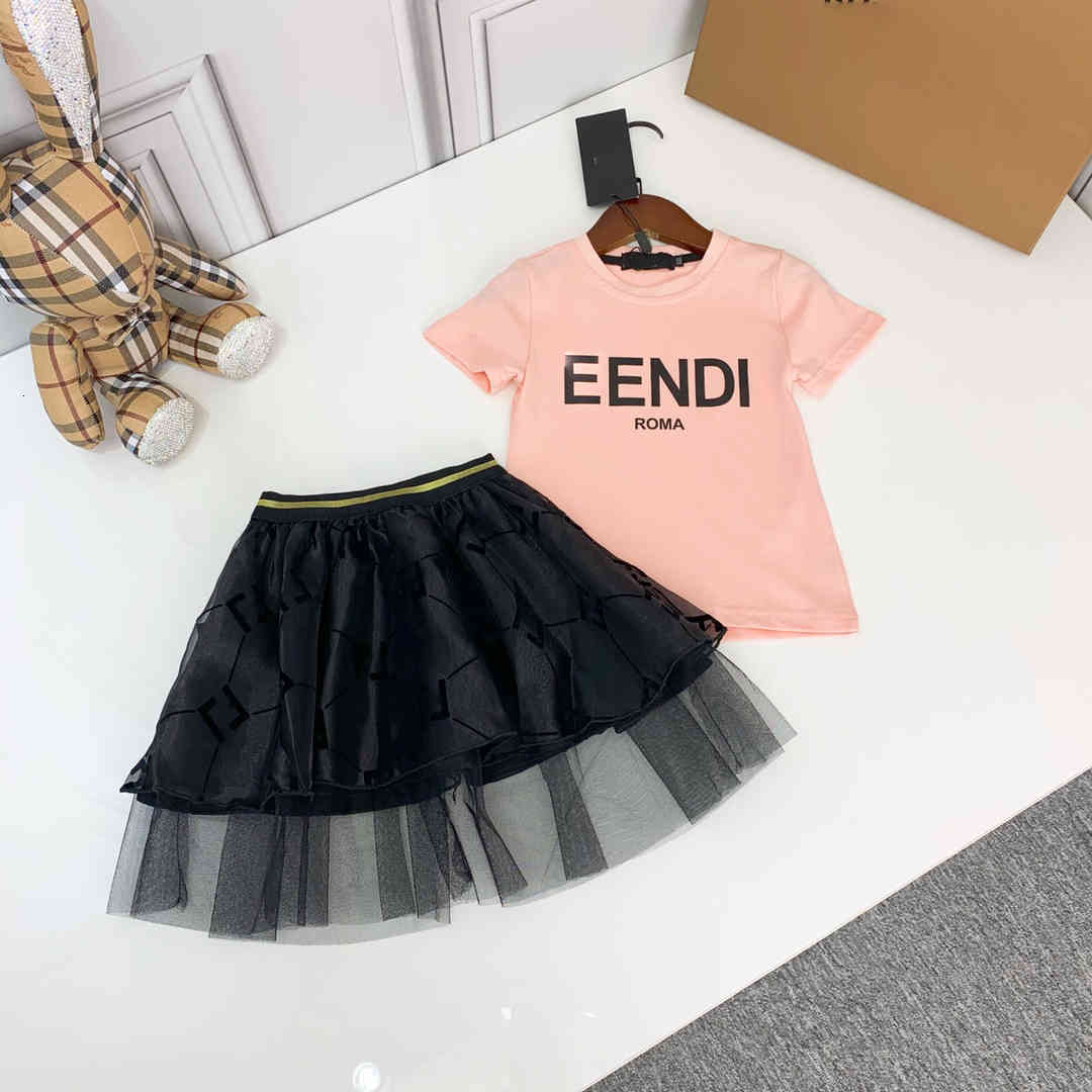 

2021 summer designer girls t shirts+ skirts 2pics sets children's wear girls t shirts Fluffy skirt lace for girls pink t shirt Spring Caps F, White