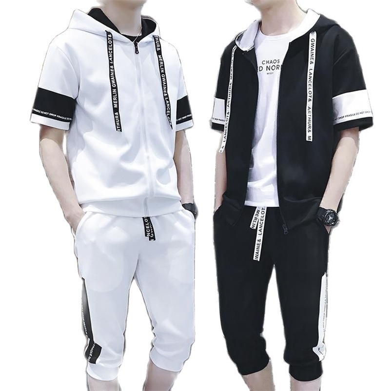 

Spring Summer Fashion Male Even Hat Twinset Motion Suit Pattern Clothes Set tracksuit men gym Thin Short Hip Hop 210722, White