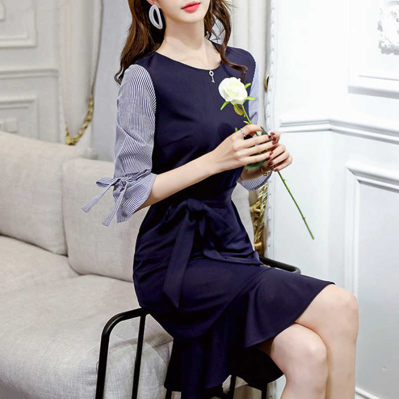 

Summer Dress Women Fashion Elegant Women Dress Vintage Bow High Waist Office Ladies Dress Short Sleeve O-neck Dresses B670 210602, Navy
