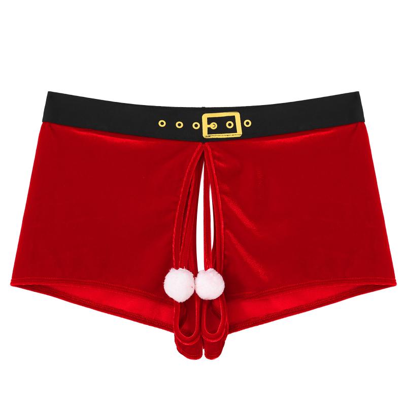 Underpants Mens Sexy Lingerie Christmas Thongs Crotchless Boxer Shorts Panties Cosplay Costume Santa Claus Erotic Underwear Velvet Briefs-image-739167942