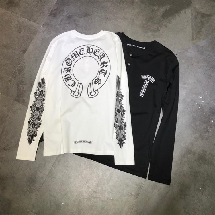 

Hearts Horseshoe Flower Arm Metal Chrome Button Bottomed Shirt Men's and Women's Long Sleeve T-shirt, White;black