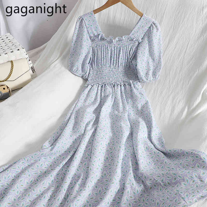 

Gaganight Summer Floral Print Women Elegant Dress Square Collar Puff Sleeve Long Party Dresses Ruched Waist Beach Vestidos 210519, Purple