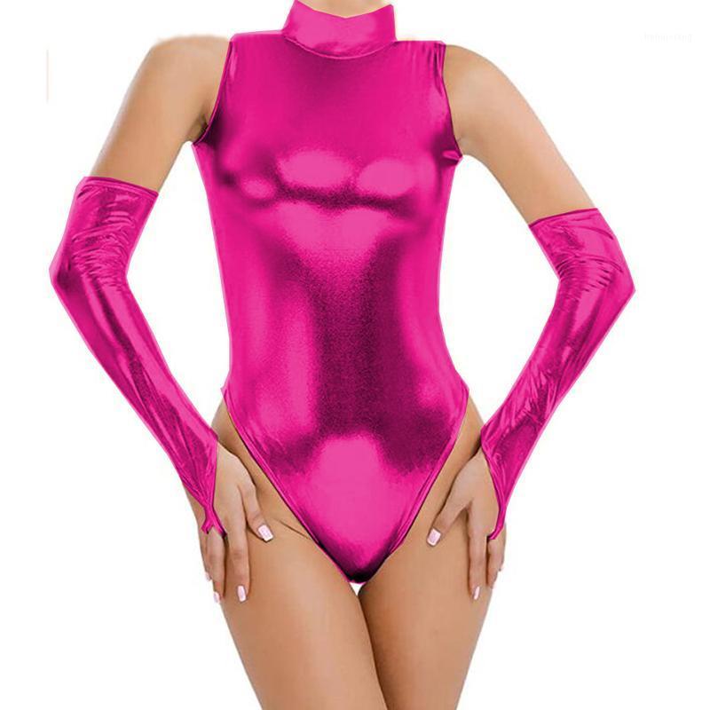 

Women' Jumpsuits & Rompers Plus Size Faux Leather Dancing Bodysuit Women High Cut Sleeveless Sexy Turtleneck Leotard Shiny Costume With Glo, Black