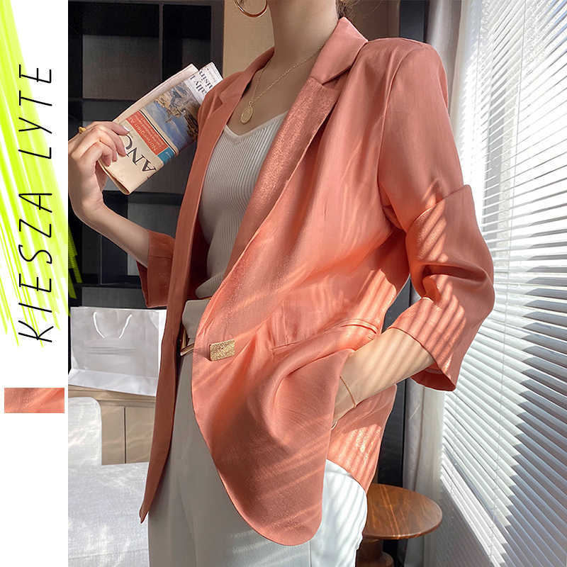 

Luxury satin blazer for women korean fashion office lady three quarter sleeve slim thin suit jackets outfit 210608, Coral orange