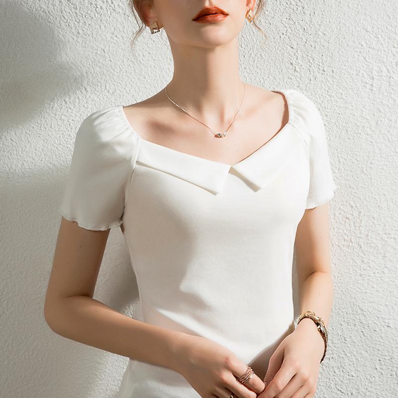 

Women' T-Shirt Womens Top Lady Cotton Short Sleeve Square Collar Woman Tshirt All Match Elegant Casual Basic, Black