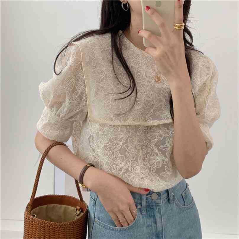 

Navy Style Lapel Embroidery Lace Cute Women Blouses Chic Lady Gentle Half Sleeves Sweet Girls Loose Shirt Tops 210525, Photo color