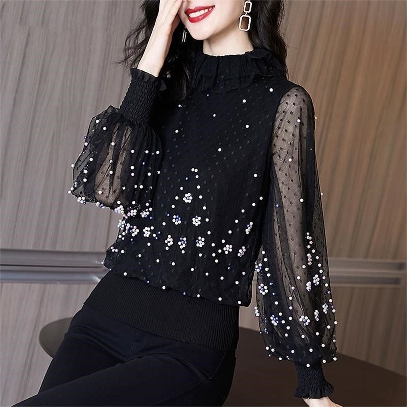 

Spring Autumn Chiffon Shirt Loose Women Nail Bead Mesh Bottom Blouse Female Long Sleeve Solid Tops High Neck Plus Size 220315, Black