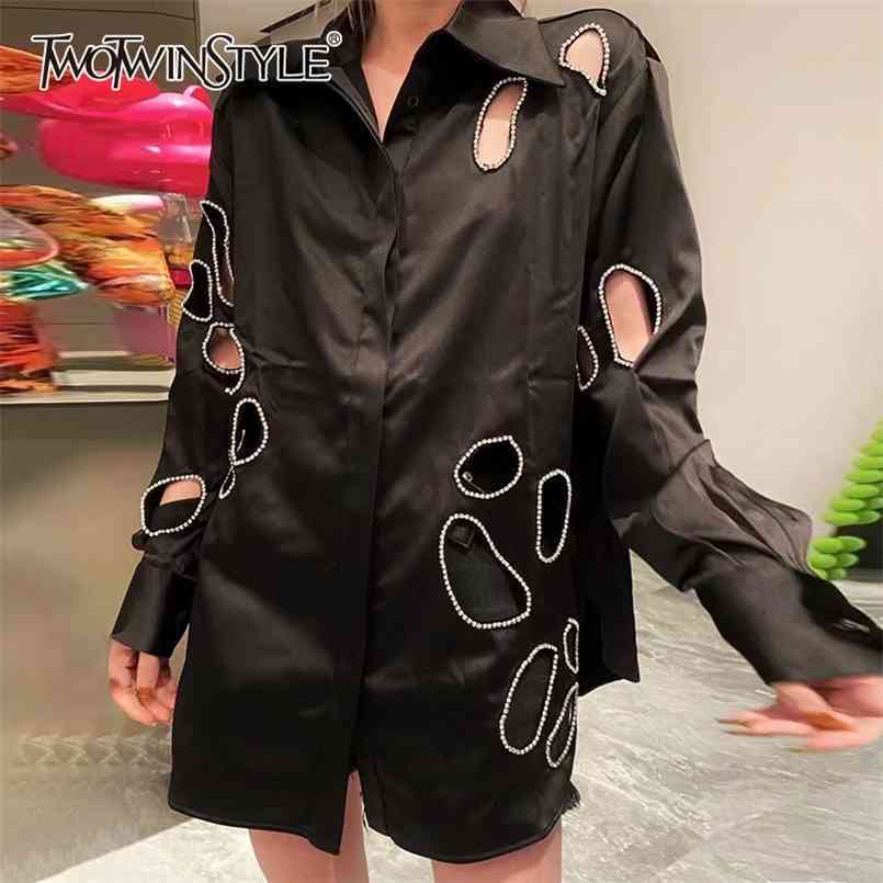 

Loose Black Elegant Shirts For Women Lapel Long Sleeve Hollow Out Casual Straight Blouses Female Spring Fashion 210524