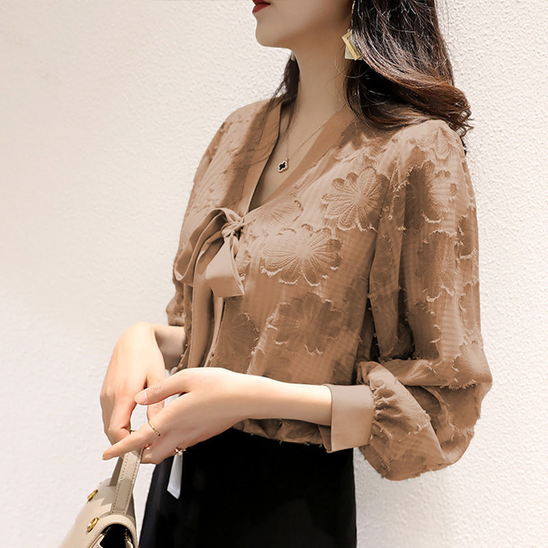 

Womens Spring Autumn Style Chiffon Blouses Shirt Womens V-Neck Lantern Sleeve Solid Color Lace Up Bow Elegant Tops DD9065, Beige