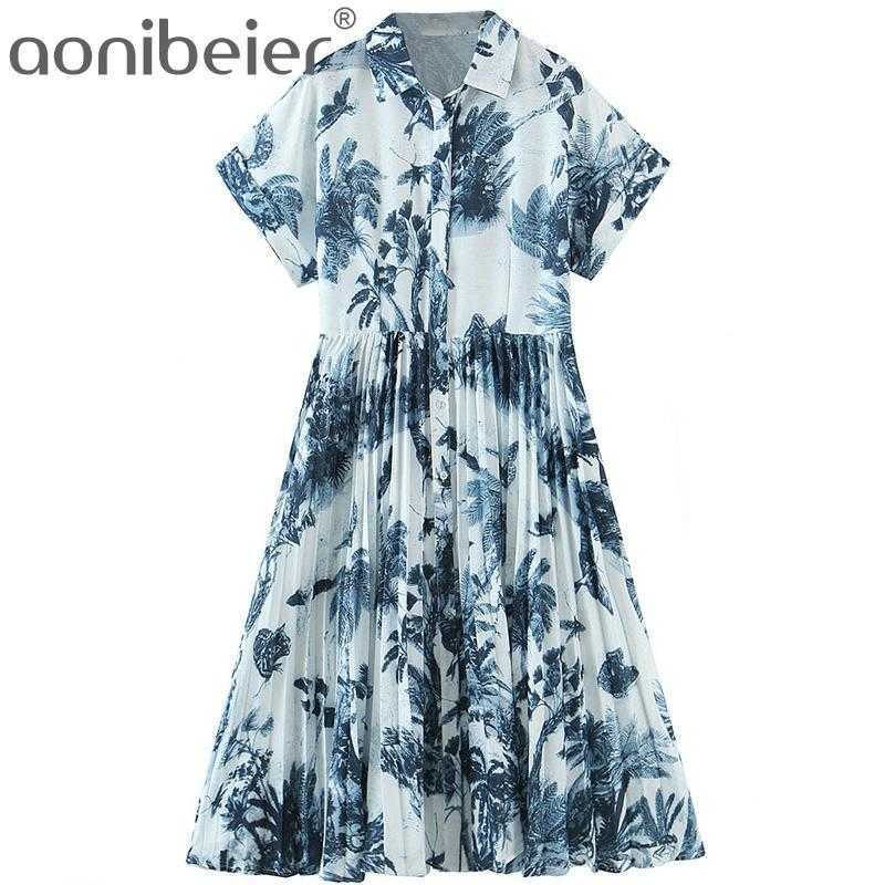 

Fashion Ink Painting Print Summer Women High Waist Pleated Dress Roll-up Sleeve Buttons Front Female Casual Midi 210604, 01