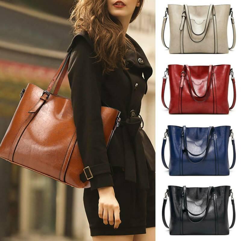 

School Bags Office Women PU Leather Shoulder Tote Ladies Large Capacity Solid Color Handbag, Black