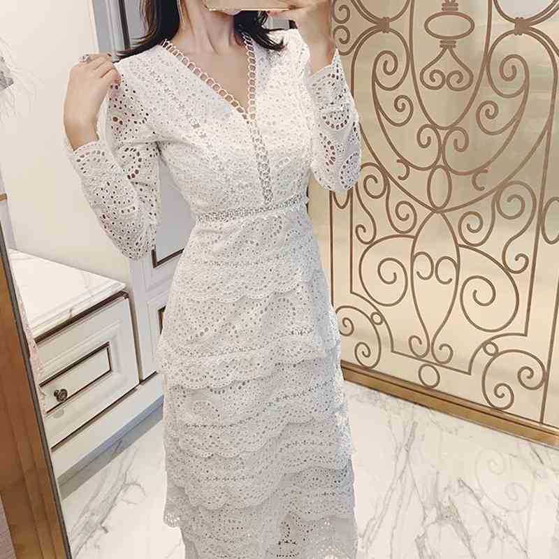 

Women Sexy Deep V-Neck Layers Ruffles Party Dress self portrait Summer Hollow Out Lace Long Sleeve Maxi Cake -XXL 210525, Picture color