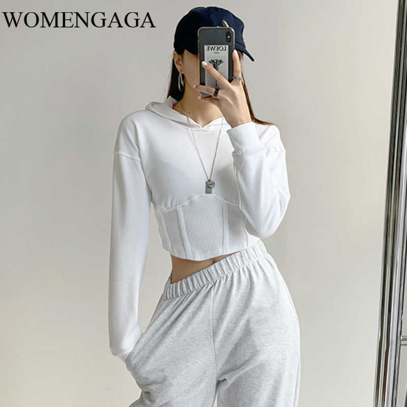 

WOMENGAGA American  Sports Hoodie Women' Splicing Waist Pullover Top Autumn Winter Long Sleeve Sweatshirt Fashion D3A1 210603, Black