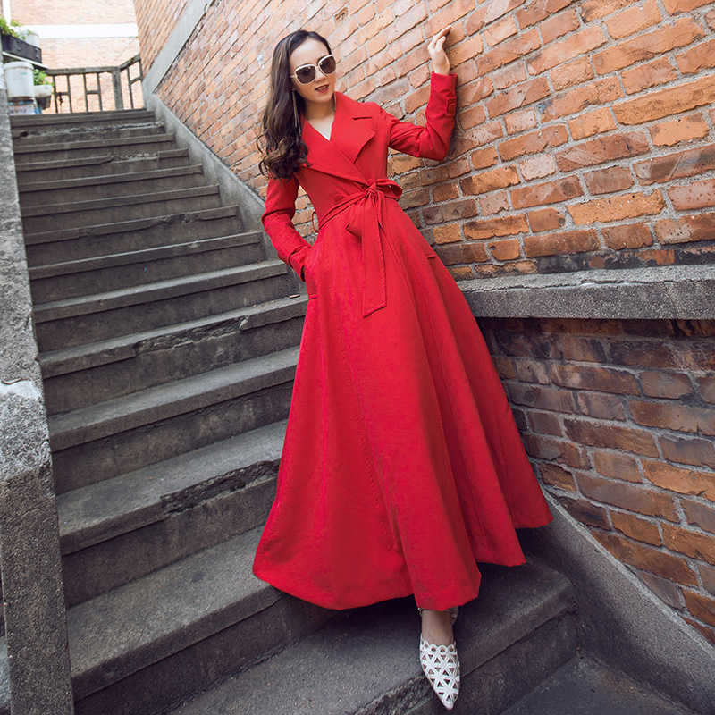 

long medium Women's new windbreaker and women's autumn style slim and slim temperament lace up classic red coat, Black