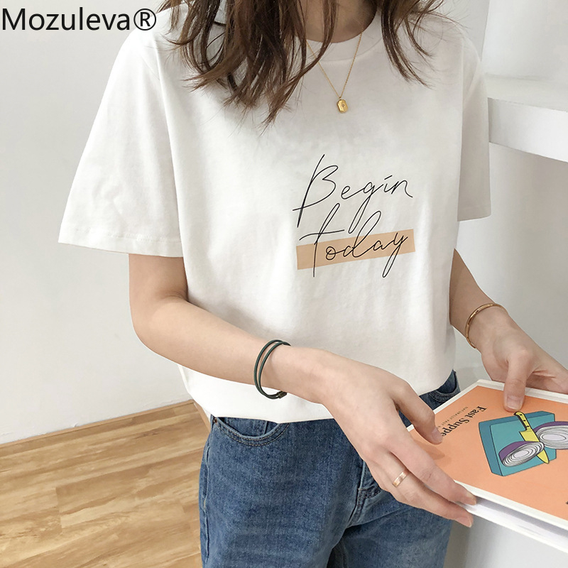 

Mozuleva Casual O-neck Letter Print Women T-shirt 2021 Summer Short Sleeve Loose Female Basic Tops Shirt GirlsTees 100% Cotton, Black