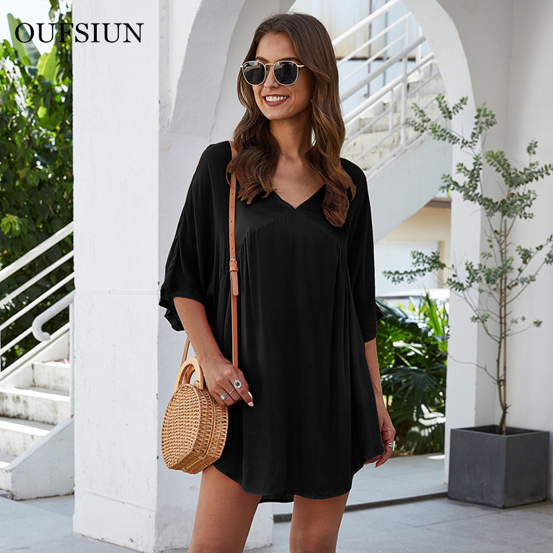 

Spring Summer Women Dress V Neck Solid Casual Loose Female es Irregular Vintage Mini Fashion Vestidos 210517, Black