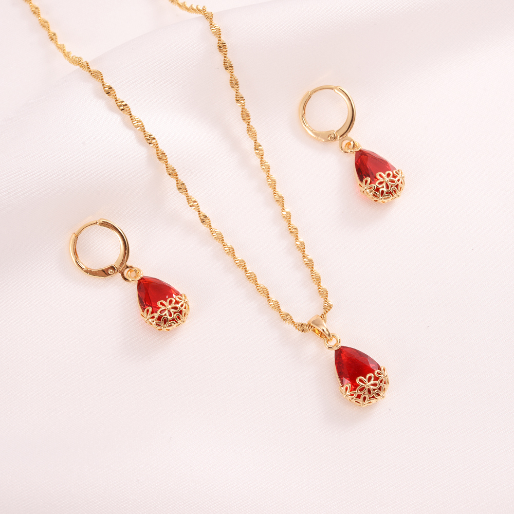 Pendant Necklace Earrings Stud Drop 9K Yellow Solid Gold CZ Jewellery Set Wome's inlay Crystal Bezel setting Multicolor-image-707744797